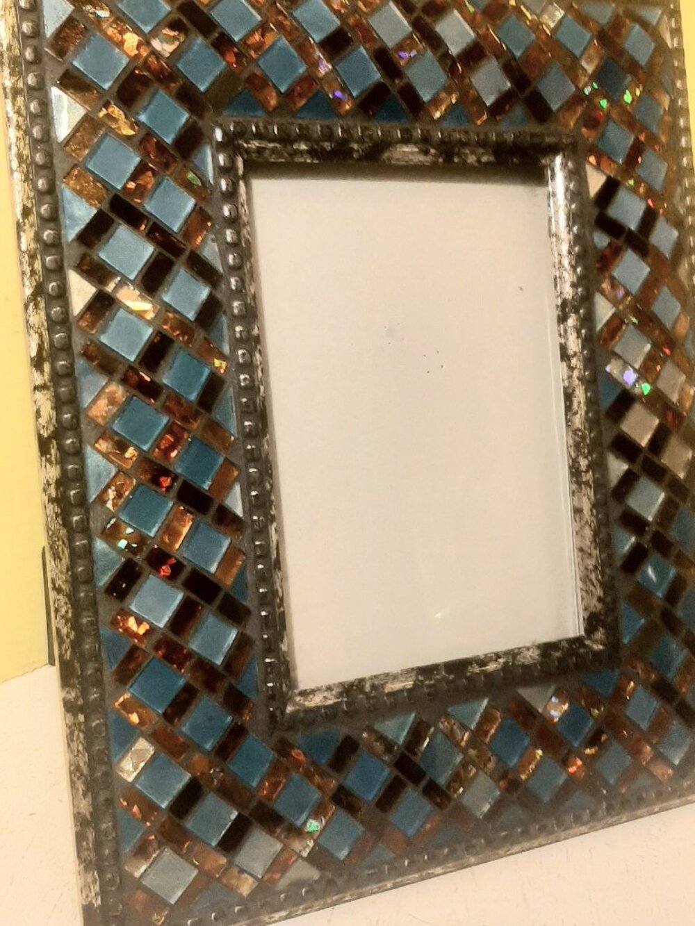 Decorative Bronze and Blue Mosaic Glass Art Picture Frame.